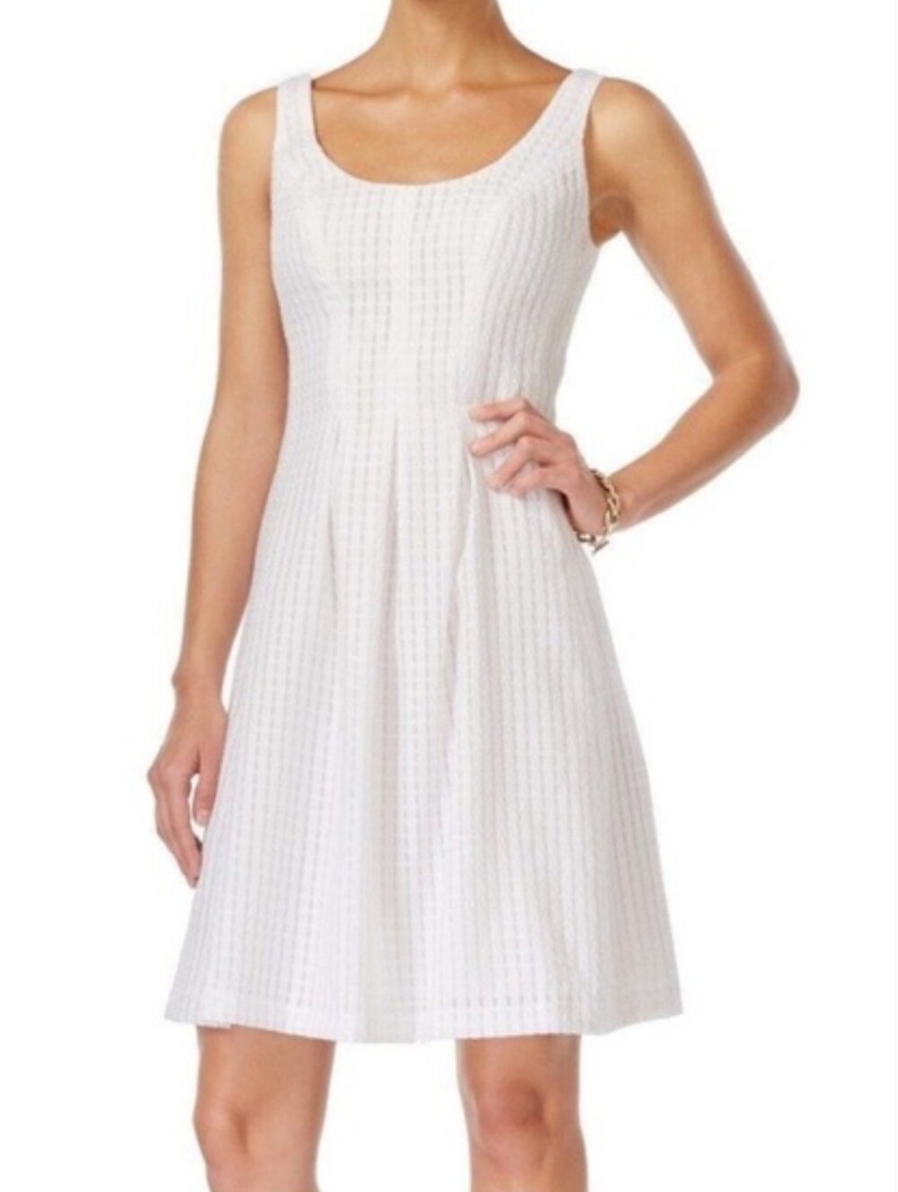 Nine West White Textured A-Line Pleated Dress NWT 14